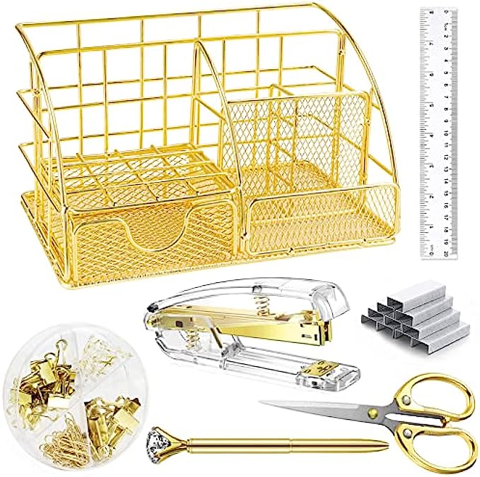 Gutyble Rosegold Office Supplies Set,Package Contains Stapler,Tape Dispenser,Staple Remover,Scissors,Binder Clips,Paper Clips,Push Pins and 1000pcs Staples.Acrylic Office Desk Accessories Kits